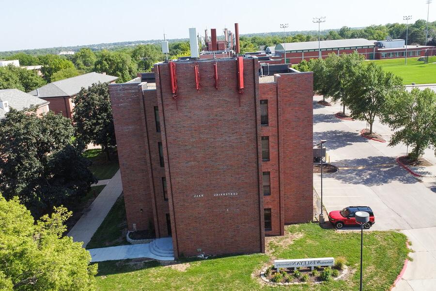 Aerial view of the north side of Centennial Hall. 